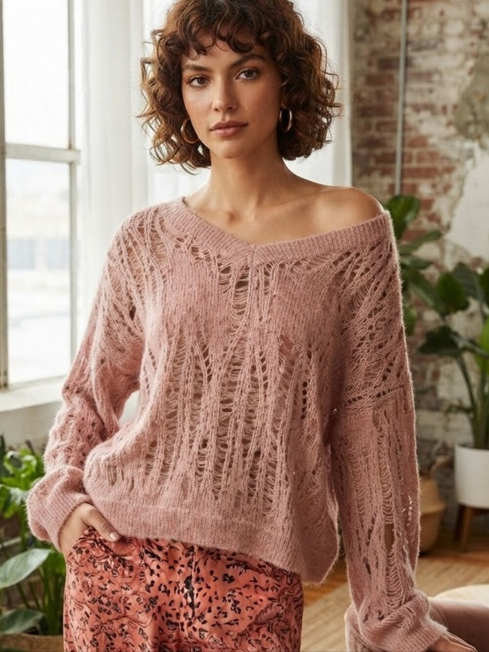 Cider Dusty Pink Open-Weave Off-the-Shoulder Sweater Size S New